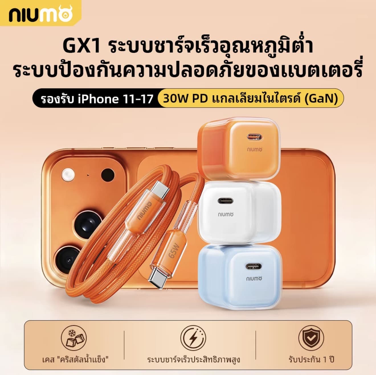 NIUMO GX1 รุ่นใหม่ ชุดชาร์จเร็ว 30W |แถมสติ๊กเกอร์ลายสวยงาม | ชาร์จเร็วอุณหภูมิต่ำ | รองรับ iPhone 17 | 17 Pro Max / 16 / 15 / 14 / 13 | หัวชาร์จเร็ว + สายชาร์จแท้ | PD Fast Charge | ใช้ได้กับ iPhone ทุกรุ่น (รับ 13,700 แต้ม)
