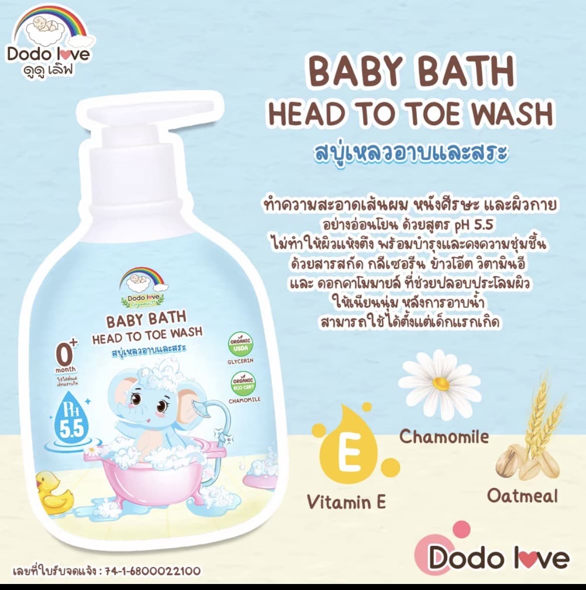  สบู่เหลว สูตรออร์แกนิค ทำความสะอาดผิวกายและขจัดสิ่งสกปรกที่สะสมบนหนังศีรษะอย่างอ่อนโยนพร้อมบำรุงและช่วยปลอบประโลมผิวให้นุ่ม ชุ่มชื้นหลังการอาบน้ำ ด้วยสารสกัดจากธรรมชาติ สามารถใช้ได้ตั้งแต่เด็กแรกเกิด สบู่เหลว สบู่ เด็กแรกเกิดสีฟ้ากลิ่นแป้งเด็ก(รับ8,200แต้ม)