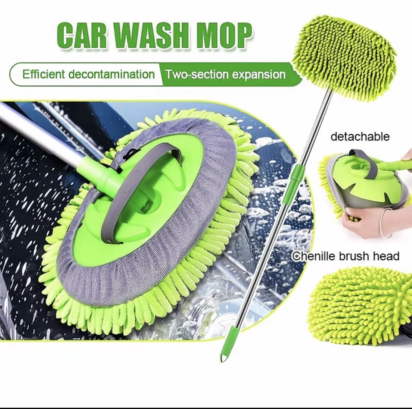 ไม้ล้างรถ Car wash mop ไม้ถูรถ แปรงล้างรถ ยืดได้ 2 ระดับ 60-90cm ไมโครไฟเบอร์ ไม้ล้างรถ ไม้ถูไม้เช็ดกระจก ไม้ถูล้างรถใช้ทีบ้านและรถ รถยนต์ กรีน ผ้า VA268 & VA328 & VA365 ไม้ถูรถล้างรถ (รับ 10,550 แต้ม)