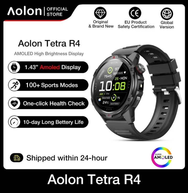 Aolon Tetra r4 สมาร์ทวอทช์1.43นิ้วภาษาไทย เมนูการโทรบูลบูธเข็มทิศติดตามสุขภาพกันน้ำนาฬิกาสมาร์ทวอทซ์ นาฬิกาข้อมือผู้ชาย(รับ66700แต้ม)