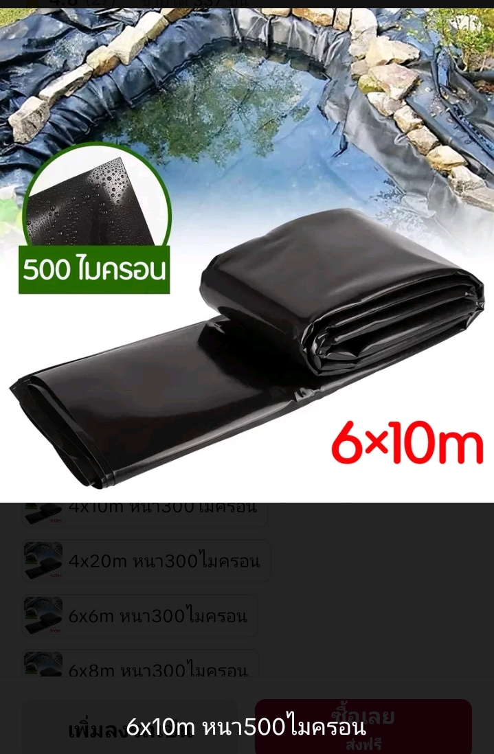 ผ้าปูบ่อปลาพลาสติกปูบ่ผ้ายางบ่ ปูสระน้ำ 6×10ม.หนา500ไมครอน(รับ97200แต้ม)