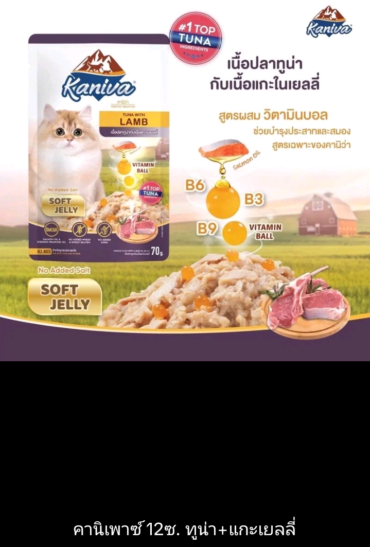 Kaniva cat pouch ยกโหล12ซอง อาหารเปียกสำหรับแมว ขนาด70ก.×12ซอง ทูน่า+แกะเยลลี่(รับ19,200แต้ม)