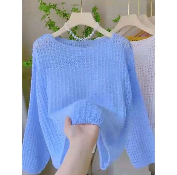 สีฟ้า เสื้อถักแขนยาวสำหรับผู้หญิง ดีไซน์ฉลุลาย คอกลม สไตล์ลำลอง กันแดดได้ เสื้อแฟชั่นใหม่ ระบายอากาศได้ดี สวมใส่ได้หลากหลายโอกาส (รับ11,200แต้ม)