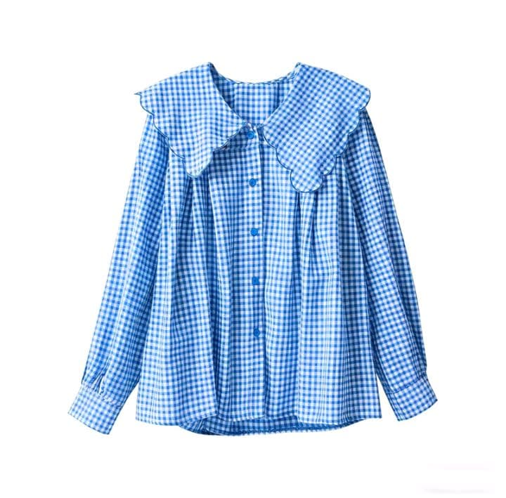 สีฟ้า-ขาว เสื้อเชิ้ต ลายสก๊อต คอปกปีเตอร์แพน สำหรับผู้หญิง สไตล์ฝรั่งเศส คอลเลคชั่นฤดูใบไม้ผลิ เสื้อเบลาส์แขนยาว ไม่ซ้ำใครแขนโคมไฟโดดเด่น เหมาะสำหรับฤดูใบไม้ผลิและฤดูใบไม้ร่วง (รับ19,700แต้ม)