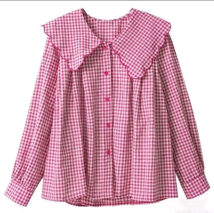 สีชมพู-ขาว เสื้อเชิ้ต ลายสก๊อต คอปกปีเตอร์แพน สำหรับผู้หญิง สไตล์ฝรั่งเศส คอลเลคชั่นฤดูใบไม้ผลิ เสื้อเบลาส์แขนยาว ไม่ซ้ำใครแขนโคมไฟโดดเด่น เหมาะสำหรับฤดูใบไม้ผลิและฤดูใบไม้ร่วง (รับ19,700แต้ม)