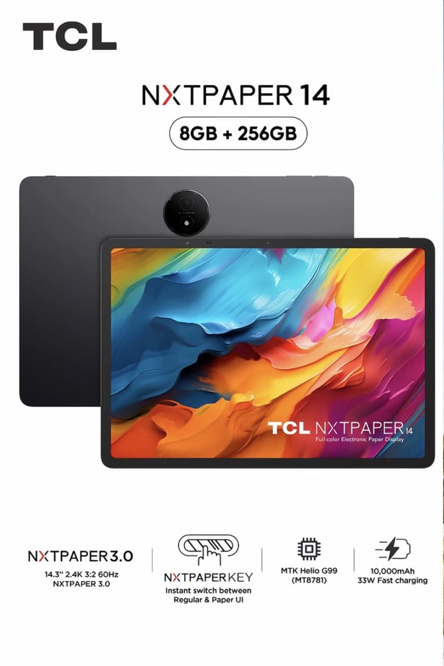 TCL NXTPAPER Tablet 14 (8+256) แท็บเล็ตถนอมสายตา หน้าจอกระดาษอิเล็กทรอนิกส์เวอร์ชั่น 3.0 ขนาด 14.3 นิ้ว พร้อมโหมดการใช้งาน 3 รูปแบบ และ AI Toolkit เหมะกับนักเรียน นักศึกษา งานออกแบบพนักงานออฟฟิศ(รับ 496,300 แต้ม)