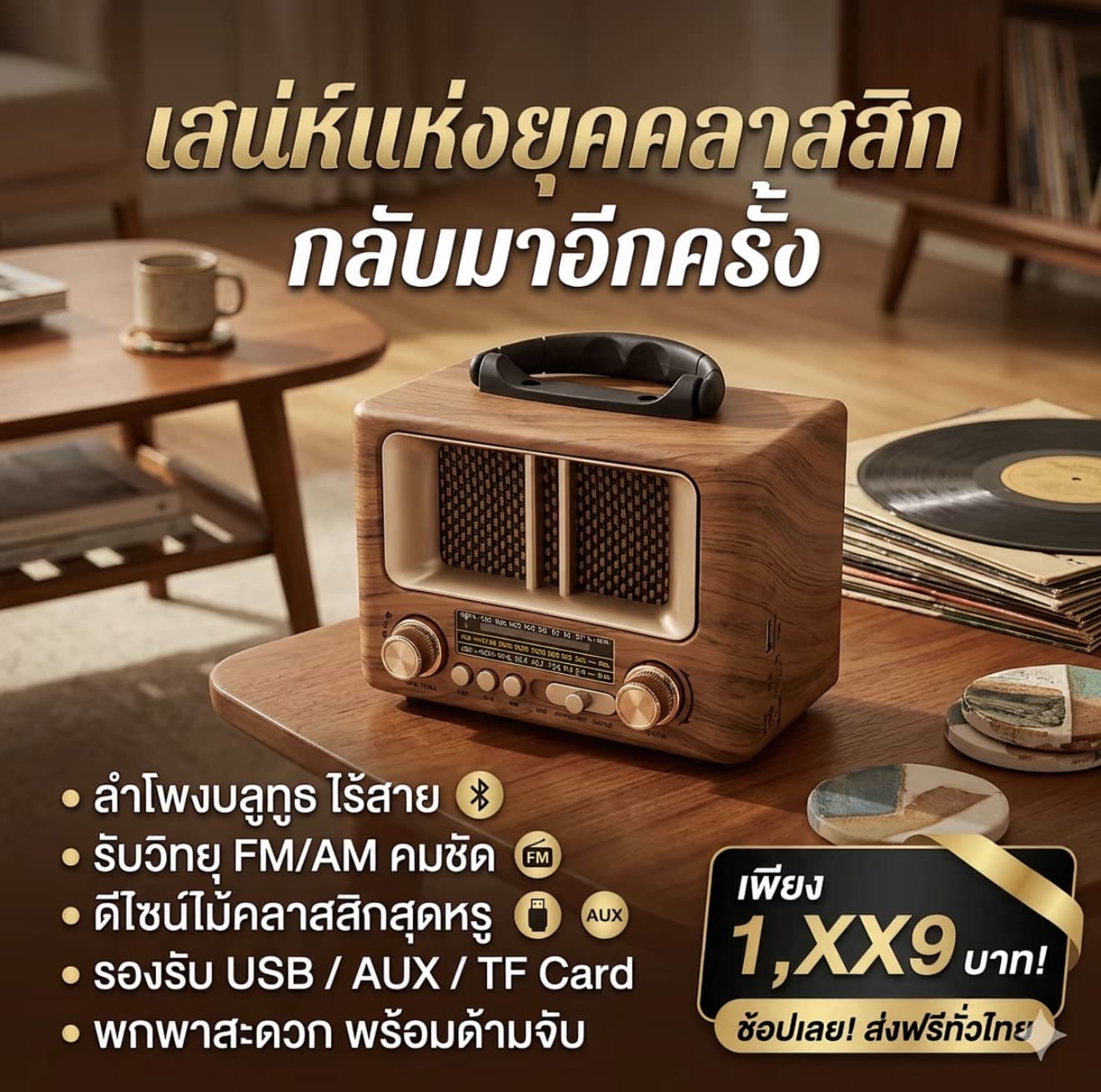 PAE วิทยุ-บลูทูธ ทรงคราสสิก MP-8108B | รับฟัง FM AM SW เชื่อมต่อ Bluetooth Mp3 TF carc พร้อมสายชาร์จ พกพาสะดวก สายชาร์จ Type A สายชาร์จมี 2 สี ลายไม้ น้ำตาลเข้ม (รับ 27,250 แต้ม)