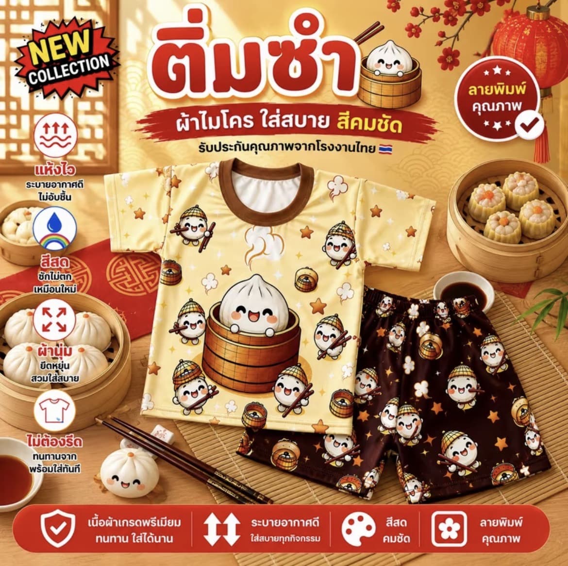  ชุดเซ็ทเด็กลาย ติ่มซำไซส์ M น้ำหนัก 12-20กก. ผ้า ไมโครพรีเมียม สีคมชัด แห้งไว (รับ8,700 แต้ม)