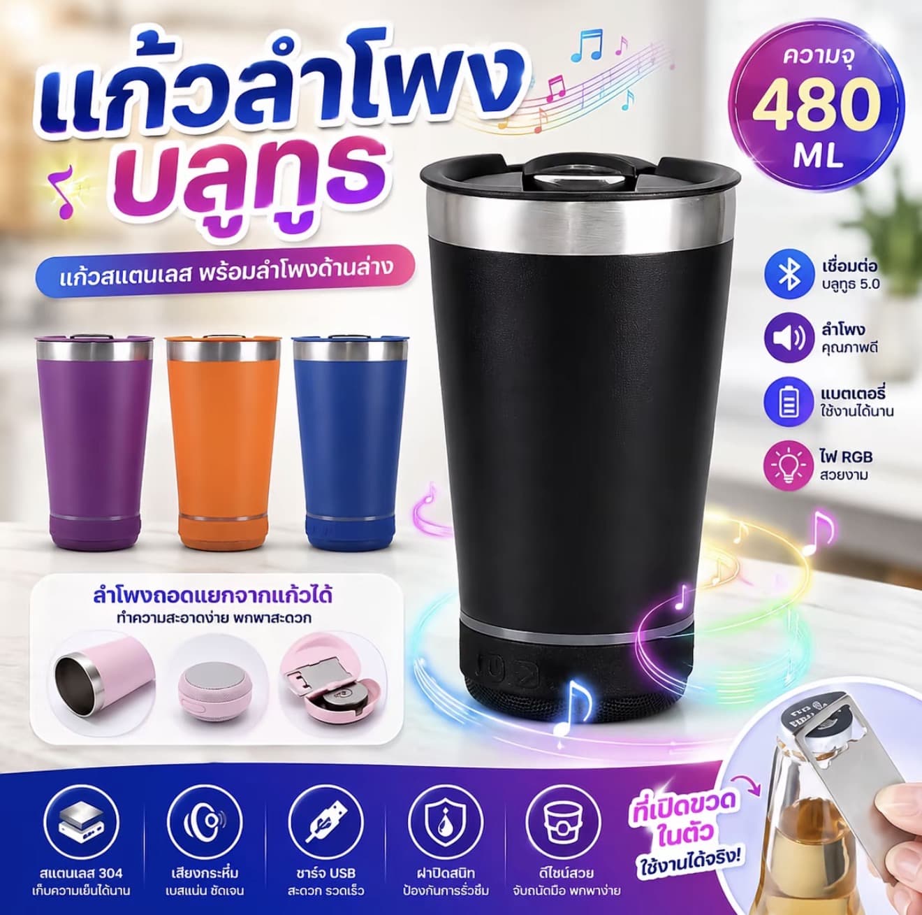 2347 2in1 แก้ว+ลำโพง 480ml แก้วสแตนเลส แก้วน้ำลำโพงบลูทูธ (รับ 11,200 แต้ม)
