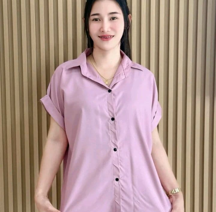 สีกลีบบัว โอเวอร์ไซส์ อก50 นิ้ว0s เสื้อเชิ้ตผู้หญิงแขนสั้น แขนแต่งเบิ้ล (รับ14,700แต้ม)