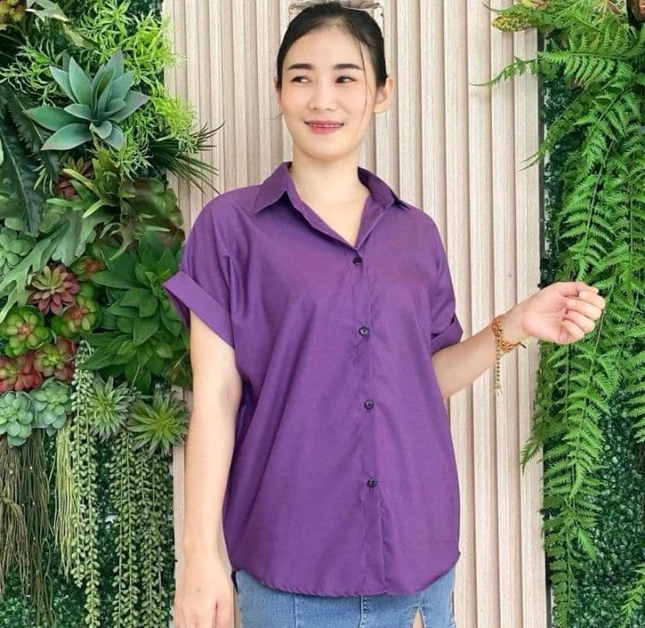 สีม่วงเข้ม โอเวอร์ไซส์ อก50 นิ้ว0s เสื้อเชิ้ตผู้หญิงแขนสั้น แขนแต่งเบิ้ล (รับ14,700แต้ม)