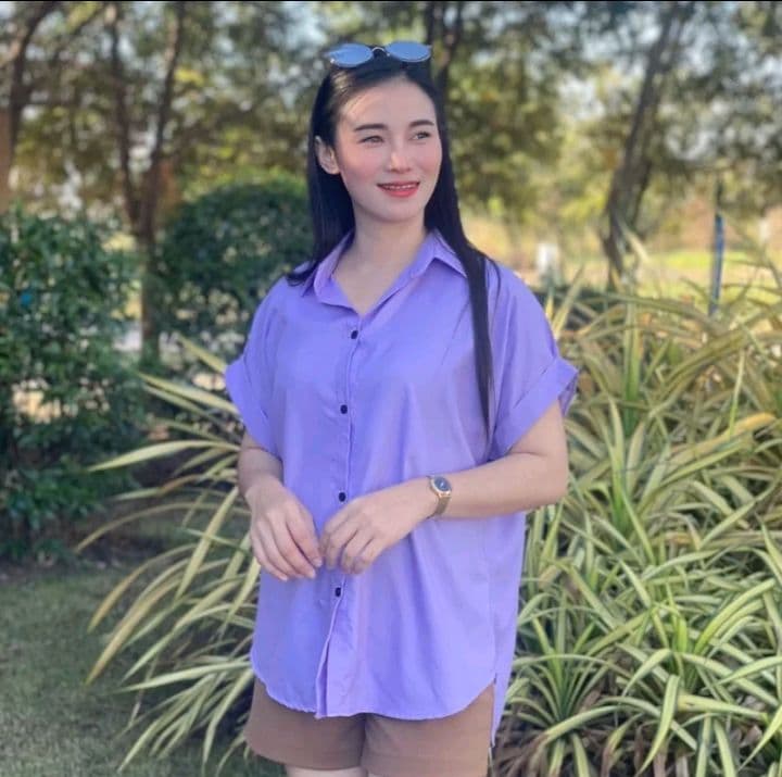 สีม่วง ฟรีไซส์ อก44 นิ้วFs เสื้อเชิ้ตผู้หญิงแขนสั้น แขนแต่งเบิ้ล (รับ12,700แต้ม)