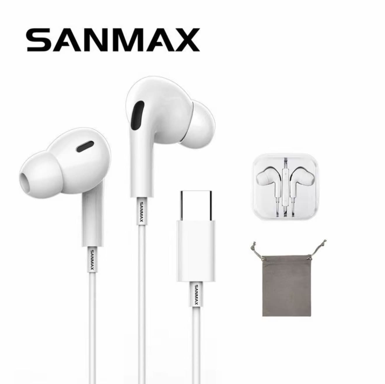 sanmax หูฟัง 3.5mm Typec ฟซ สายฟ้า แบบอินเอียร์ ตัดเสียงรบกวน D20 D21 D22การโทรแบบ HD ไม่ต้องใช้บลูทูธ สำหรับ ios Android (รับ 6,200 แต้ม)
