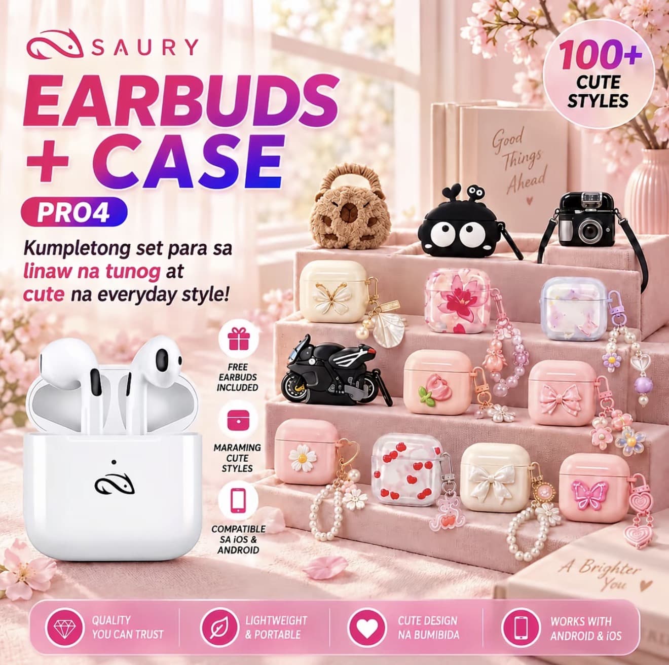 SAURY Pro4 หูฟังบลูทูธไร้สาย + เคสฟรี, หูฟัง TWS เบบสเตอรีโอพร้อม ไมโครโฟนในตัว สำหรับ Android และ IOS (รับ 10,200 แต้ม)