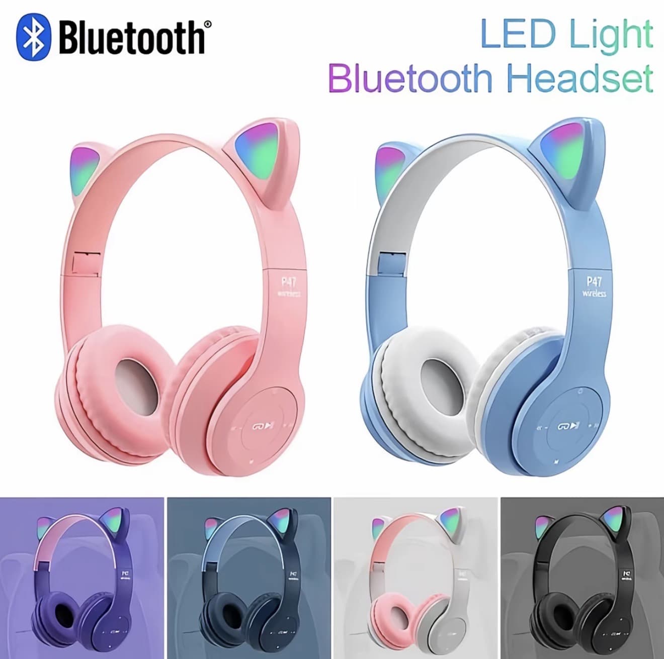 หูฟังบลูทูธไร้สาย รุ่น P47M ไฟLed หูฟังเกมส์มิ้ง หูฟังหู แมว Bluetooth Wireless Headphone สนับสนุน Tf การ์ด หูฟังไร้สายพร้อมไมโครโฟน ส่งจากไทย (รับ 9,200 แต้ม)