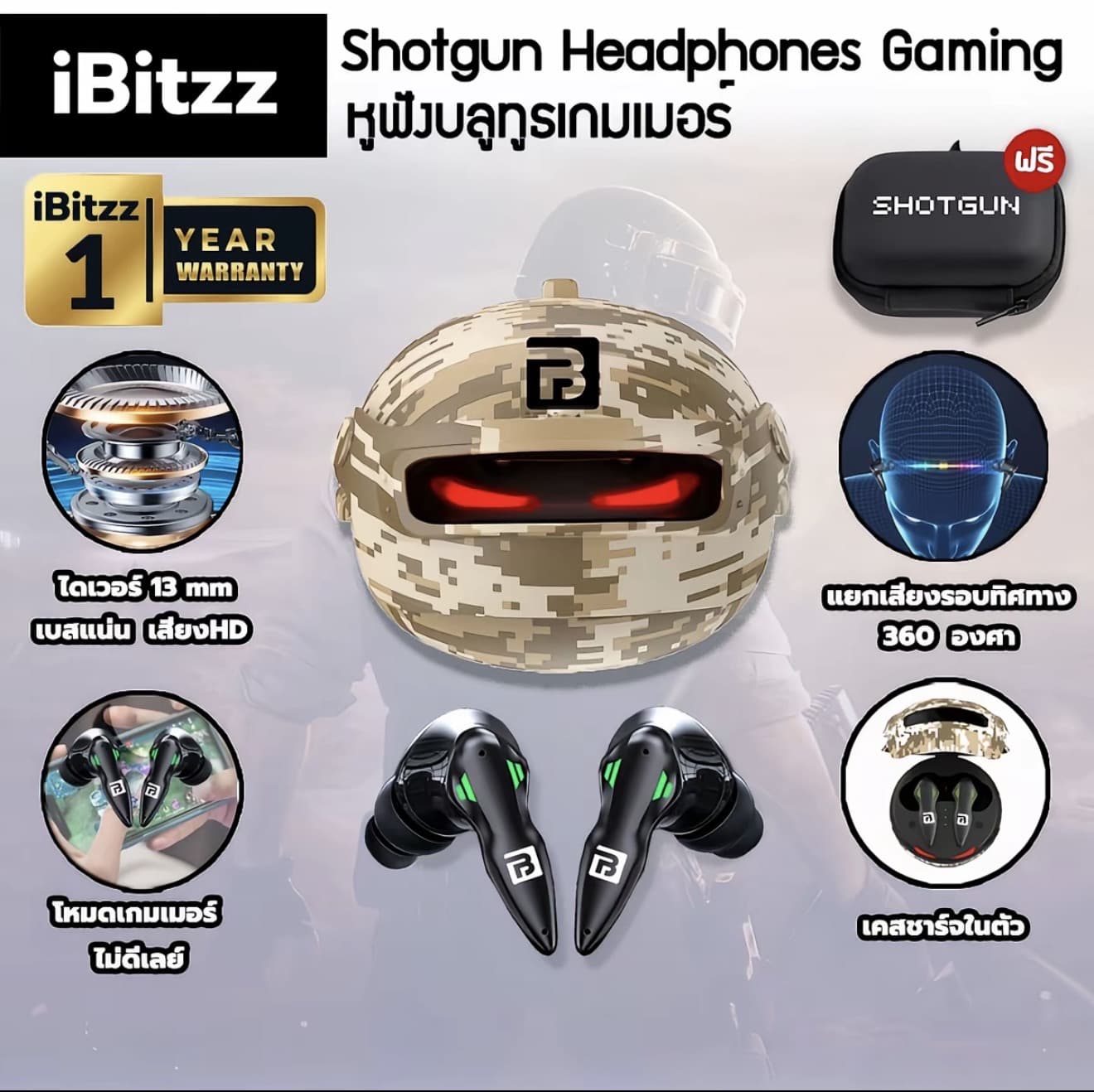 (ประกัน 1ปี) iBitzz Shotgun Headphones Gaming หูฟังบลูทูธเกมมิ่ง หูฟัง Bluetooth 6.0 หูฟังบลูทูธ หูฟังเกม หูฟังเกมส์ (รับ 50,700 แต้ม)