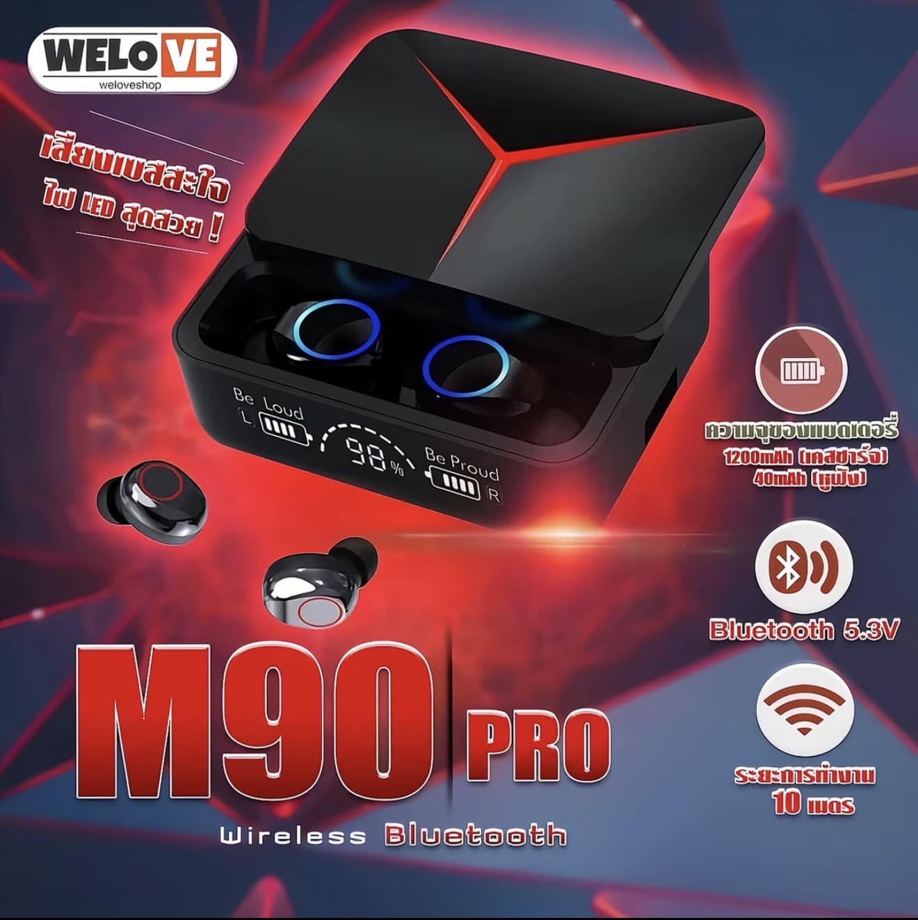 พร้อมส่งหูฟังบลูทูธ M90 Pro หูฟังสเตอริโอไร้สายบลูทธ5.3 พร้อมไมโครโฟน ควบคุมแบบสัมผัส สีดำ (รับ 19,200 แต้ม)