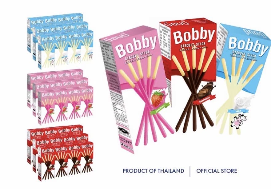 บ๊อบบี้ พรีเมียม (Bobby Premium) : บิสกิตแท่ง รส ช็อกโกแลต , สตรอเบอร์รี่ นม 3 แพ็ค จำนวน 39 ล่อง ปริมาณ 18 กรัม ได้รับรองตรา ฮาลาล บิสกิตแท่งเคลือบครีม 3 รส (รับ12,200แต้ม)
