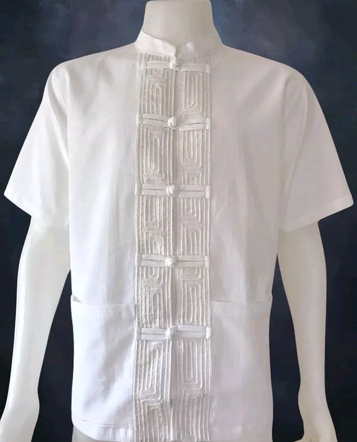 เสื้อผ้าฝ้าย ผ้าพื้นเมือง คอจีนกระดุมจีน เดินเชือก แขนสั้น สีขาวล้วน (รับ15,700แต้ม)