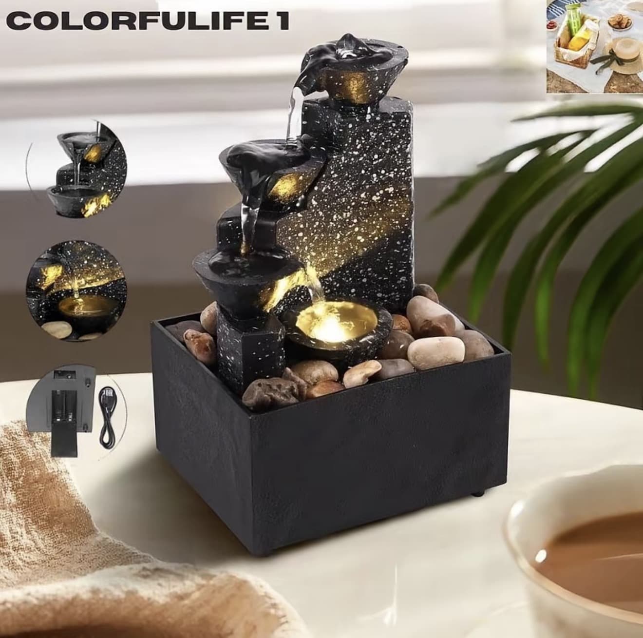 colorfulife1 น้ำตก น้ำพุทำสมาธิในร่มที่มีแสง น้ำพุน้ำใน ร่ม น้ำพุตั้งโต๊ะ เดสก์ท็อปนำพุนำนำพุงานฝีมือสำหรับตกแต่งโต รูปปั้น ดีไซน์ละเอียดอ่อน ไหลยาวนาน ชาร์จ USB หรือแบตเตอรี่ AA 2 ก้อน (รับ 16,200 แต้ม)