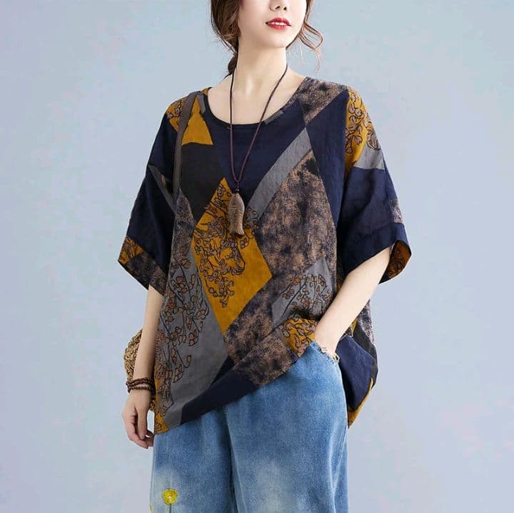 สีเหลือง เสื้อผ้าผู้หญิง พลัสไซส์ ทำจากผ้า ฝ้ายลินิน เสื้อคลุมหน้าท้อง เหมาะสำหรับฤดูร้อน แขนสั้น สไตล์ตะวันตกเสื้อค้างคาว คุณภาพสูง ดีไซน์แม่ (รับ14,200แต้ม)
