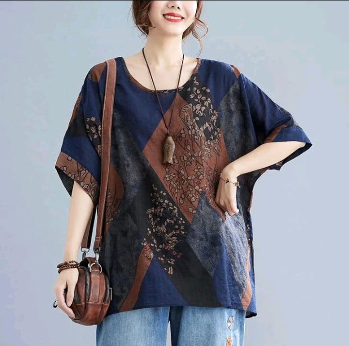 สีกาแฟ เสื้อผ้าผู้หญิง พลัสไซส์ ทำจากผ้า ฝ้ายลินิน เสื้อคลุมหน้าท้อง เหมาะสำหรับฤดูร้อน แขนสั้น สไตล์ตะวันตกเสื้อค้างคาว คุณภาพสูง ดีไซน์แม่ (รับ14,200แต้ม)