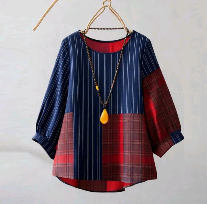 ลาย3-เสื้อเบลาส์ลายทางสำหรับผู้หญิง ทรงหลวมลำลองแขน3/4 เสื้อเชิ้ตพิมพ์ลายย้อนยุคแฟชั่นพลัสไซส์ มาใหม่ (รับ14,200แต้ม)