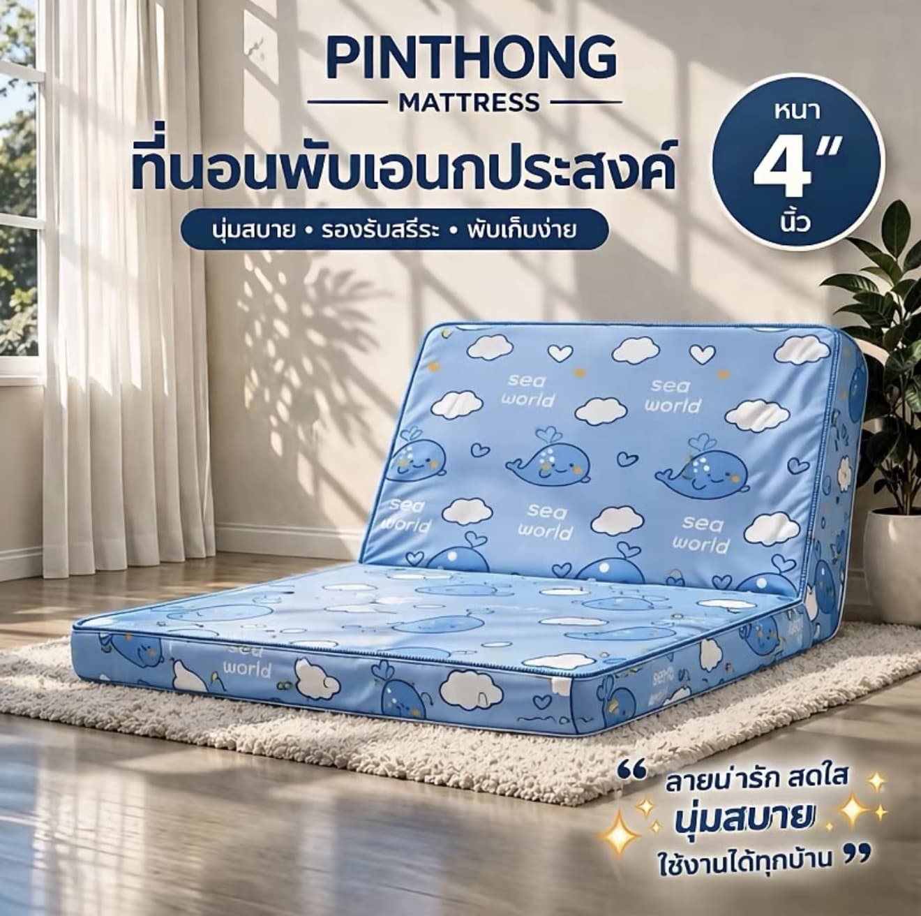 PINTHONG ฟูกที่นอนใยอัดพับได้ หนา 4 นิ้ว น้ำหนักเบา พับเก็บง่าย เคลื่อนย้ายสะดวก สัมผัสนุ่มแน่นกำลังดีลายผ้ามินิมอล คุมโทน คุณภาพดี (รับ 27,200 แต้ม)