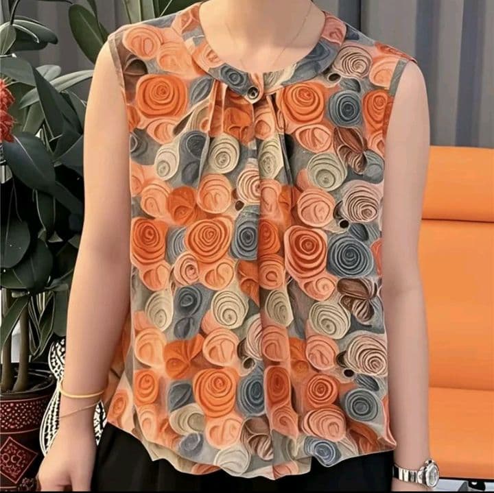 สีส้ม เสื้อแขนกุดพิมพ์ลายแฟชั่นสำหรับคุณแม่ เสื้อสายเดี่ยว สุดฮิตสำหรับฤดูร้อนใหม่ เสื้อยืดลำลอง ใช้งานได้หลากหลาย (รับ16,200แต้ม)