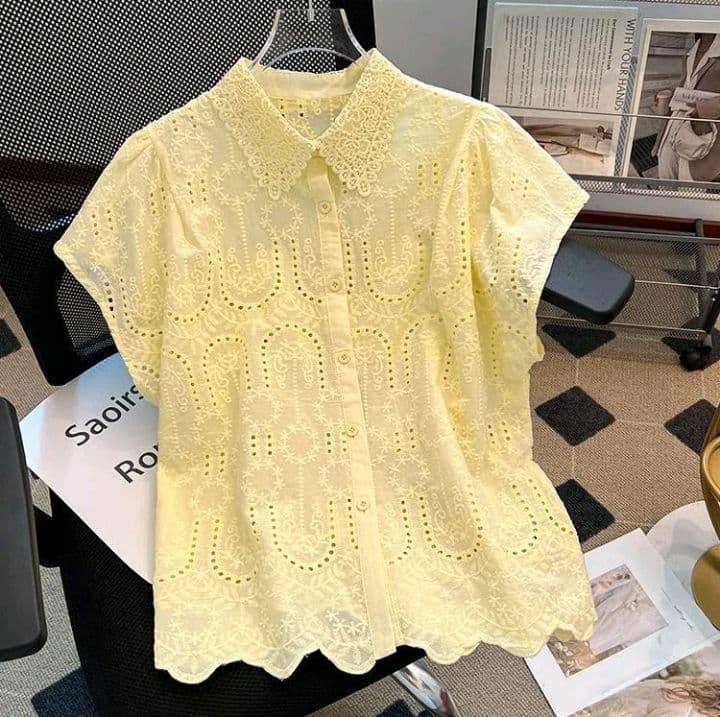 สีเหลือง เสื้อเบลาส์ดีไซน์สวย ระดับไฮเอนด์ สินค้ายุโรป ฤดูร้อน2025มาใหม่ สไตล์เฉพาะ ปกดีไซน์หลวง เรียบหรูอเนกประสงค์ (รับ14,200แต้ม)