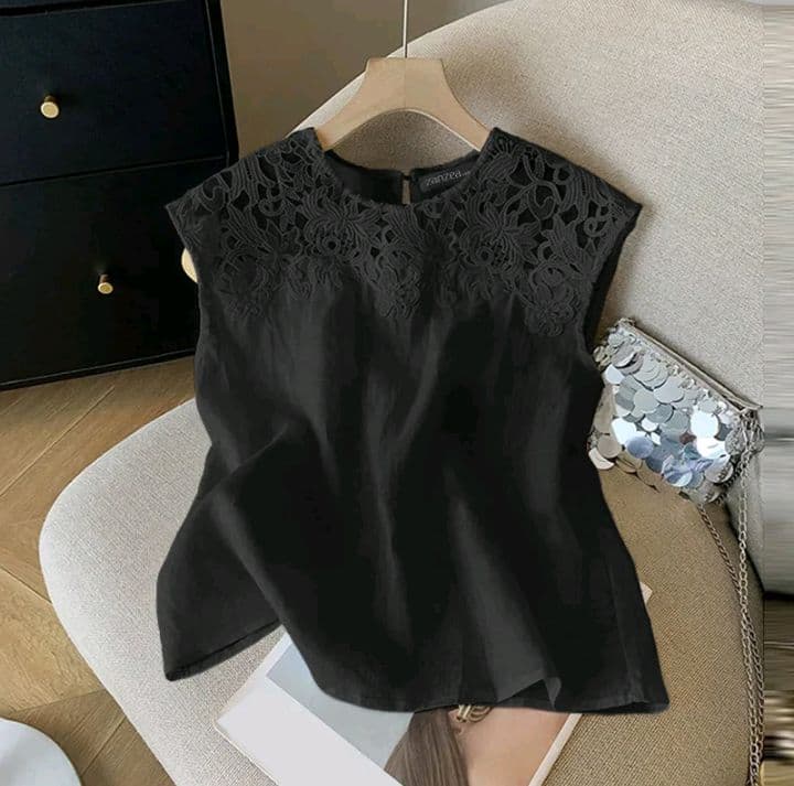 สีดำ เสื้อเบลาส์โครเชต์ลูกไม้แฟชั่นสตรี ZANZEA เสื้อกล้าม (รับ16,200แต้ม)