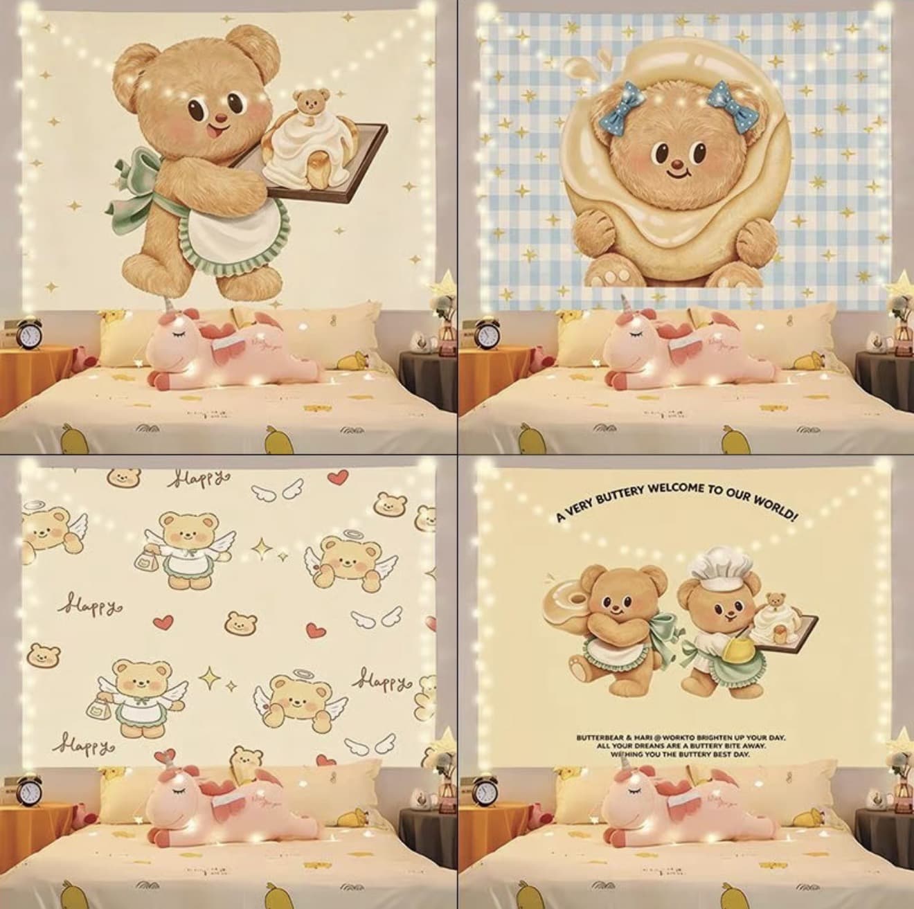 ผ้าแขวนผนังลายการ์ตูน Butter Bear สุดน่ารัก คละแบบ - เหมาะสำหรับตกแต่งหอพัก, แต่งผนังสไตล์ Instagram,ตกแต่งมุมหัวเตียง และใช้เป็นฉากหลังสำหรับการไลฟ์ สด (รับ 7,700 แต้ม)