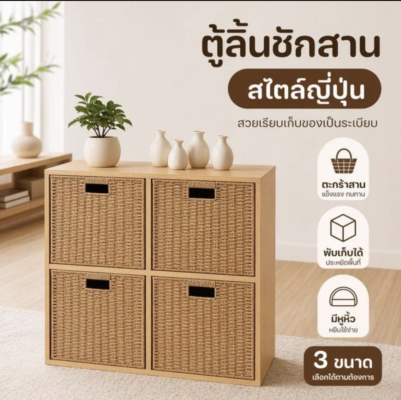 กล่องเก็บของแบบพับได้ ตะกร้าสาน ตะกร้าหวาย ลิ้นชัก กันฝุ่น สไตล์ญี่ปุ่น อเนกประสงค์ 3 ขนาด มีหูหิ้ว (รับ 19,200 แต้ม)