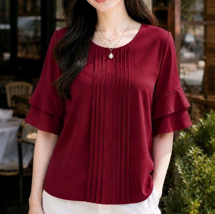 สีแดงเลือดนก ITALY-01**เสื้อแขนระบายตีเกล็ดหน้าอก ขนาดอก106**ผ้าไหมอิตาลี