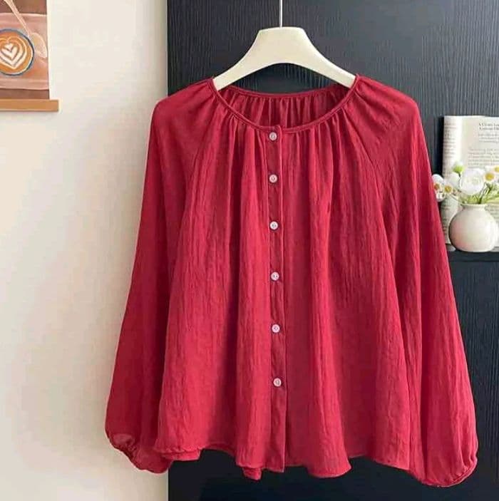 สีแดง เสื้อกันแดด สไตล์รีสอร์ทย้อนยุค ทำจากผ้าฝ้ายลินินใยไหม แขนบอลลูนฤดูร้อน ของผู้หญิง พร้อมเสื้อคาร์ดิแกนตุ๊กตาเครื่อง ปรับอากาศ (รับ12,700แต้ม)