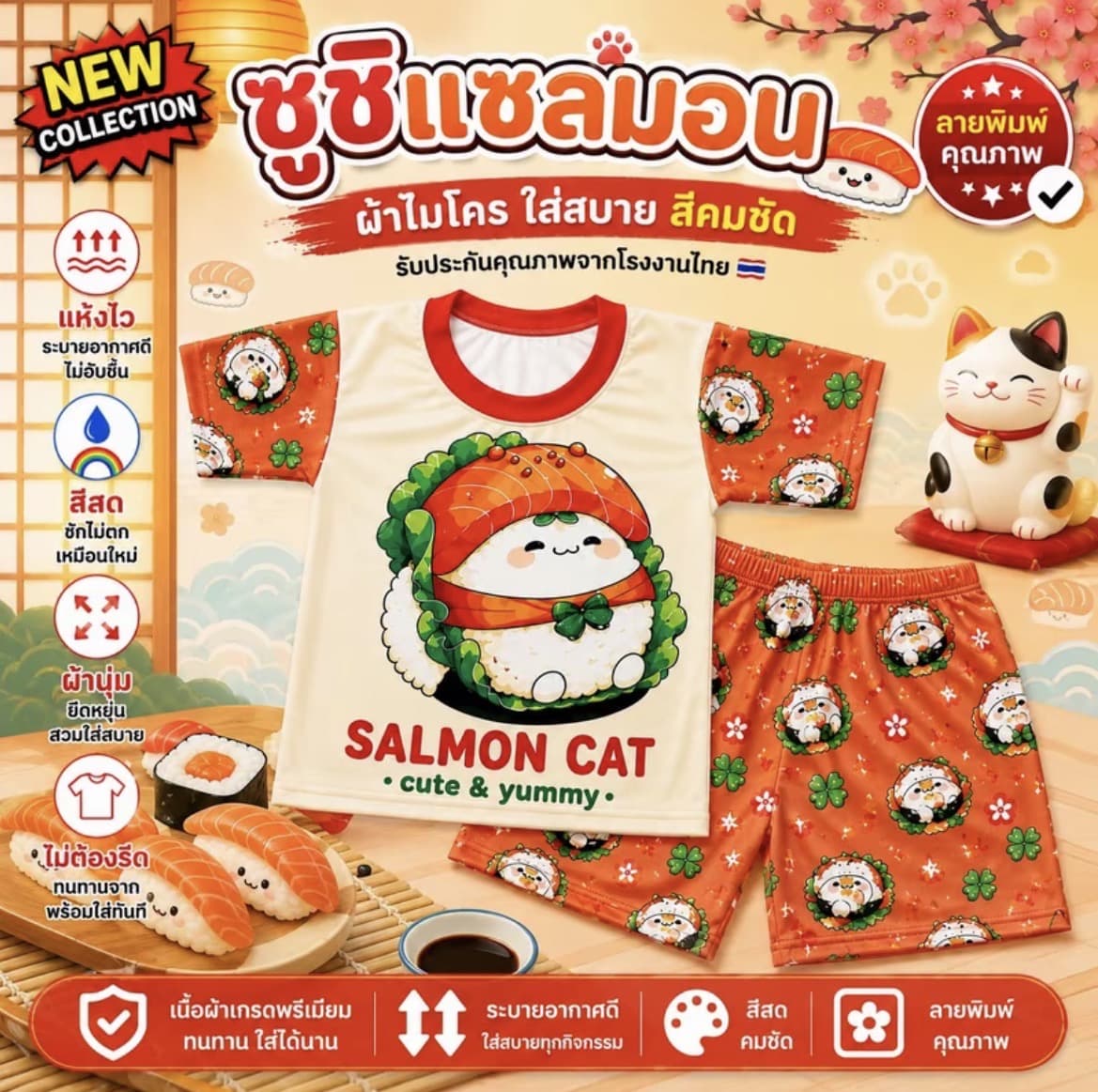 ชุดเซ็ทเด็กลายแซลมอล ไซส์ S น้ำหนักไม่เกิน12กก. ผ้า ไมโครพรีเมียม สีคมชัด แห้งไว(รับ7,200 แต้ม)