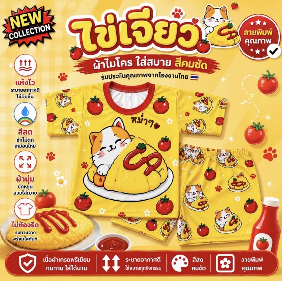 ชุดเซ็ทเด็กลายไข่เจียว ไซส์ S น้ำหนักไม่เกิน 12กก.ผ้า ไมโครพรีเมียม สีคมชัด แห้งไว(รับ7,200 แต้ม)