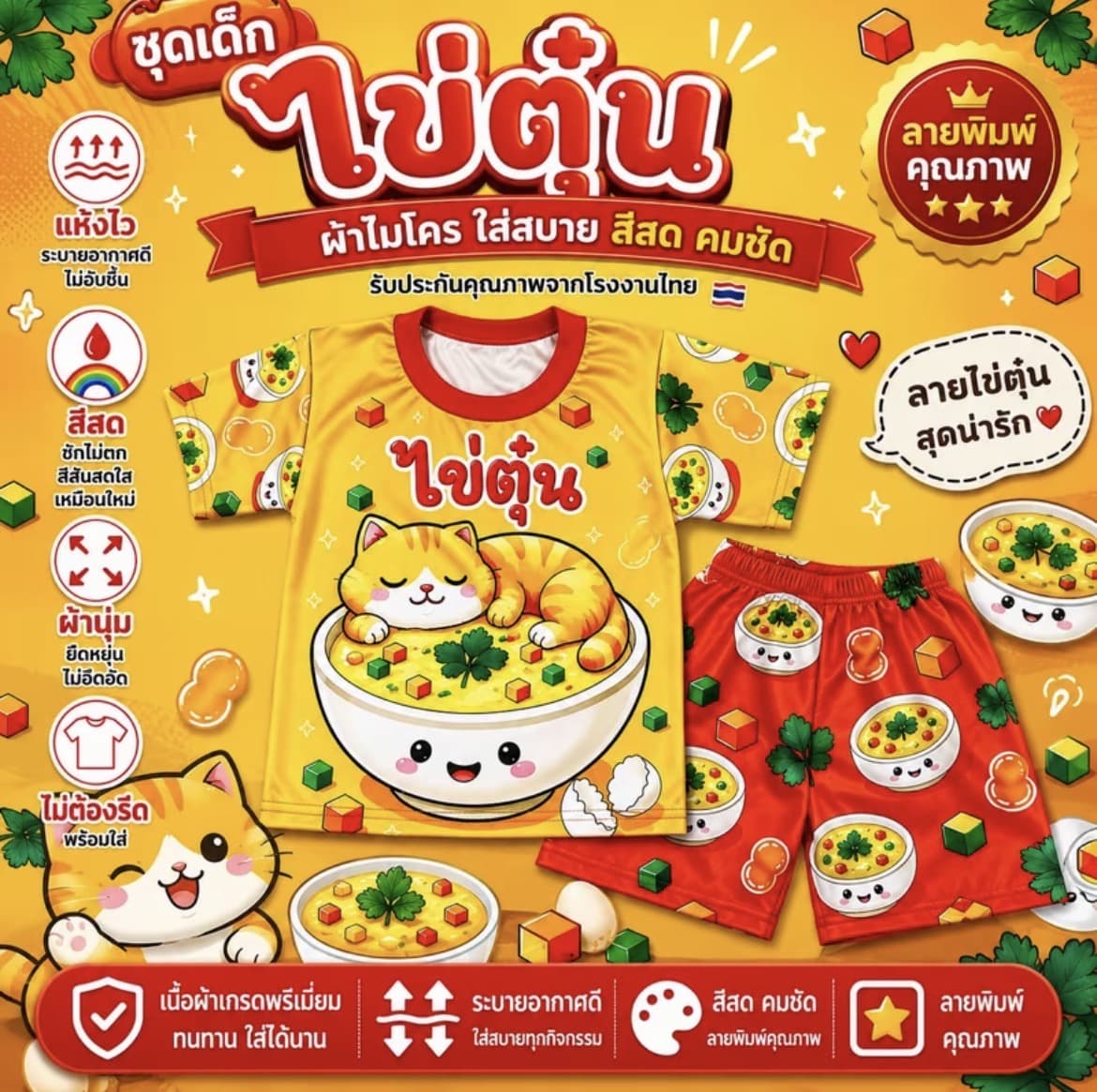 ชุดเซ็ทเด็กลายไข่ตุ๋น ไซส์ M น้ำหนัก 12-20กก.ผ้า ไมโครพรีเมียม สีคมชัด แห้งไว(รับ8,700 แต้ม)