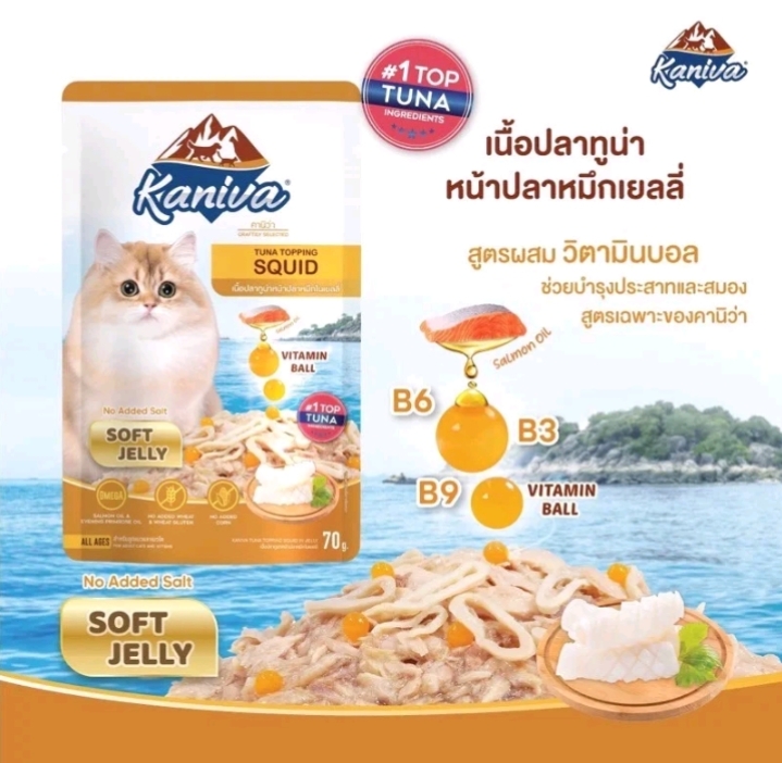 Kaniva cat pouch ยกโหล12ซอง อาหารเปียกสำหรับแมว ขนาด70ก.×12ซอง ทูน่า+ปลาหมึกเยลลี่(รับ17,950แต้ม)