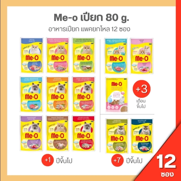 อาหารแมวเปียก มีโอ ขนาด80กรัมมีโอเพาซ์ 12ซอง แมว7ปี ปลาทูเยลลี่(รับ14,450แต้ม)