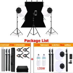 ไฟถ่ายรูป 135W ไฟไลฟ์สด ไฟสตูดิโอ & ฉาก ถ่ายรูป 2x2m ผ้าฉากหลัง 2x3m Green Screen 70cm Softbox Live Stream Lighting Kits / 135W+black set