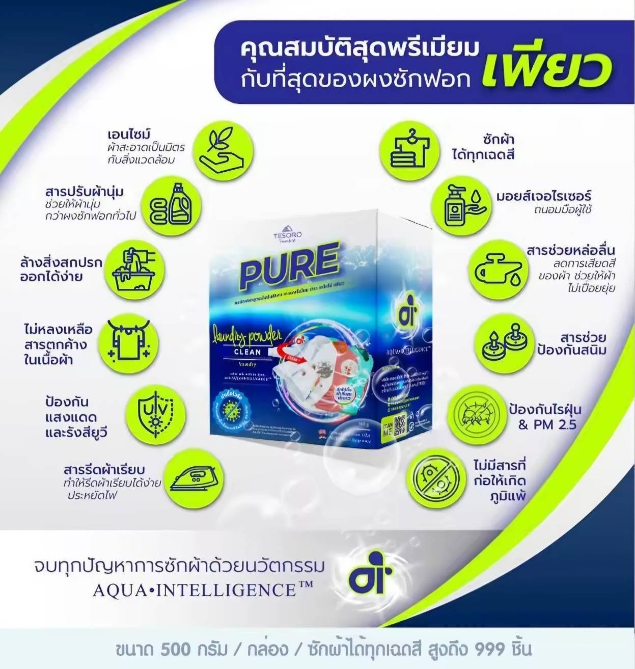 ผงซักฟอกเพียว ขนาด 500 กรัม สูตรเข้มข้น พลังซัก AI (สำหรับร้านค้าที่นำไปวางขาย 60/40) โควต้าไม่เกิน 10,000 กล่อง)